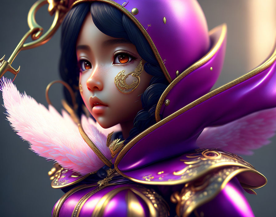 Detailed digital artwork of a girl in purple and gold fantasy armor with dark hair