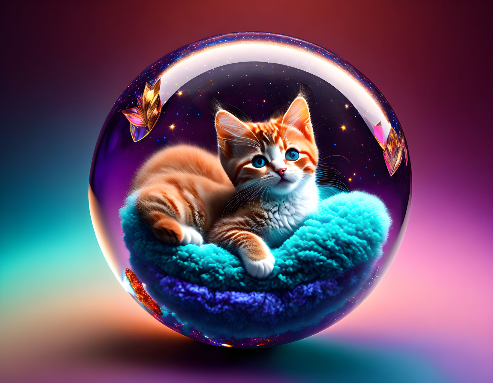 Orange Tabby Kitten on Blue Cushion in Bubble with Stars and Butterflies