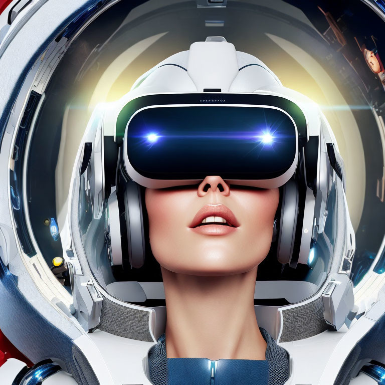 Futuristic space helmet with virtual reality headset in cosmic setting