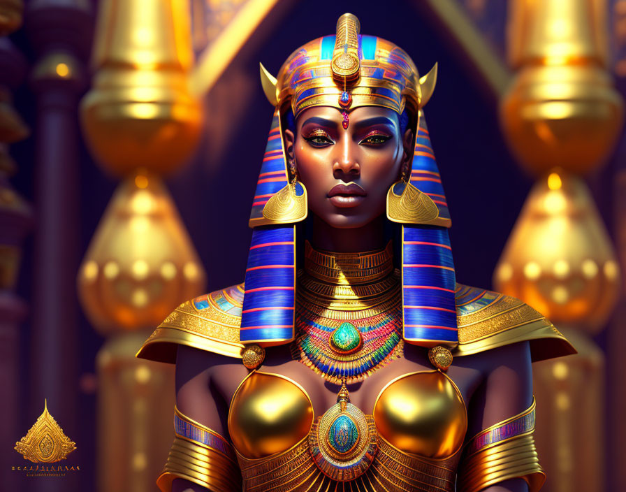 Regal figure in Egyptian attire against golden backdrop