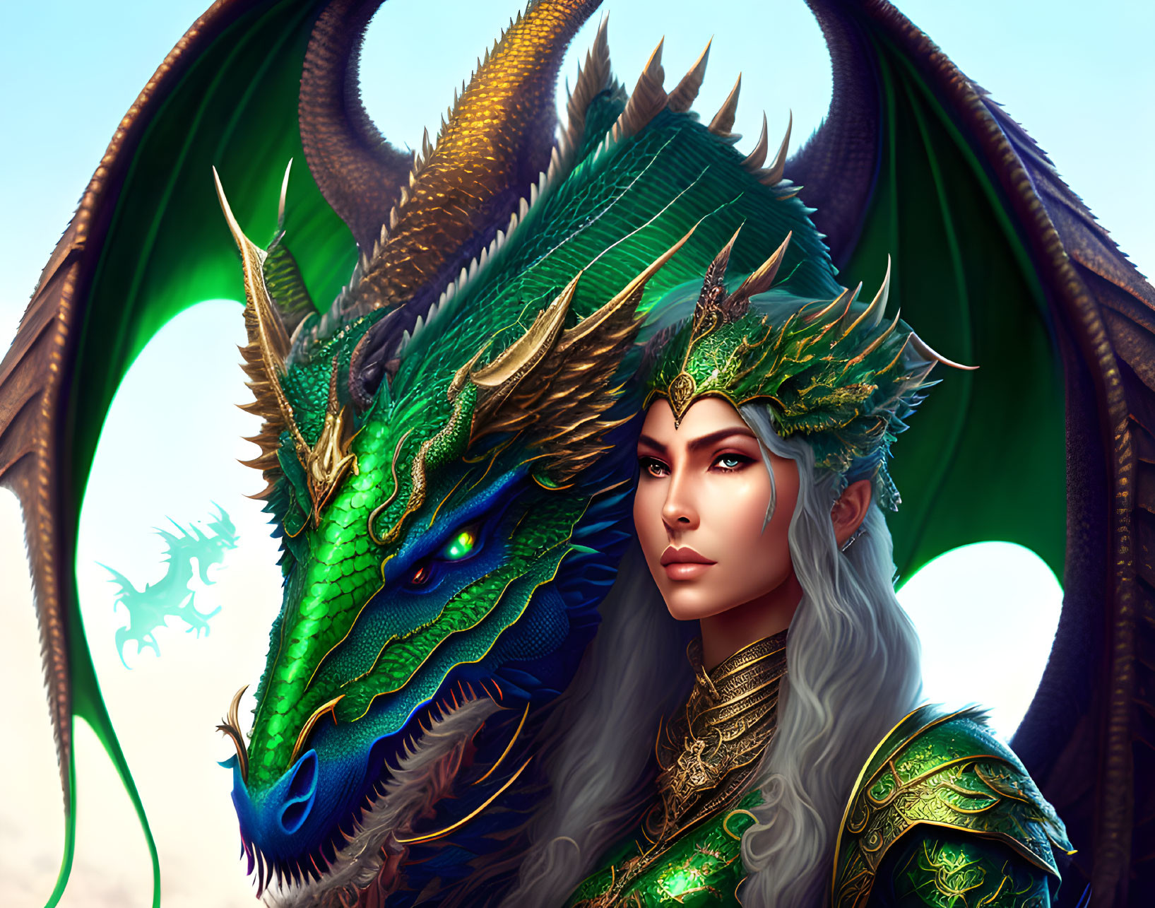 Fantasy art of regal woman with crown and dragon under blue sky