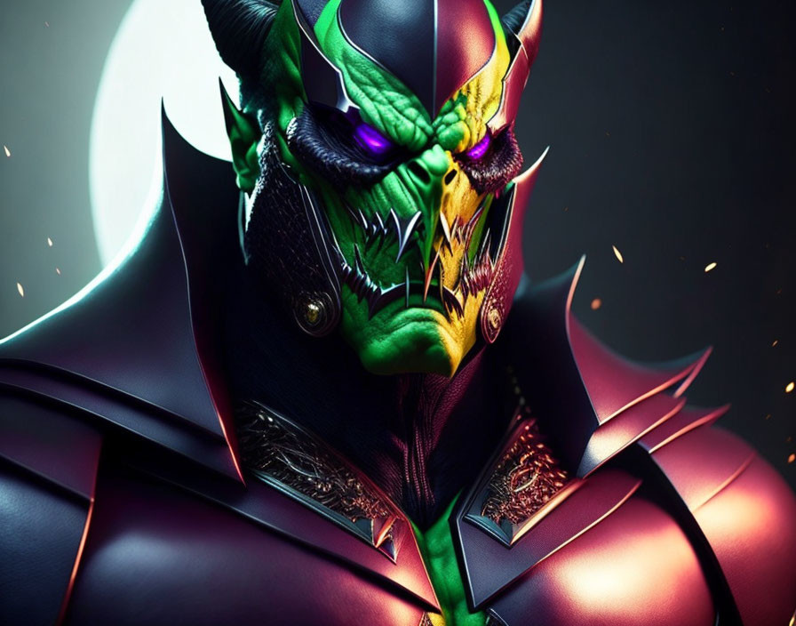 Digital artwork of character in ornate dragon helmet with green skin and glowing eyes