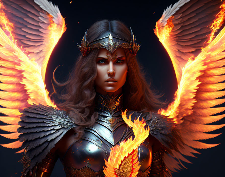 Powerful Woman with Burning Wings in Armor and Crown on Dark Background