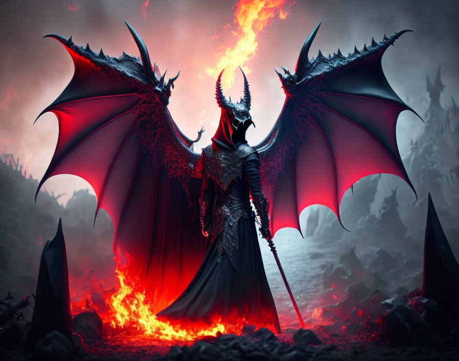 Winged demonic figure with staff in fiery chasm landscape