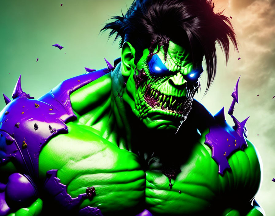 Vivid Hulk illustration with glowing skeleton face and purple armor on dramatic backdrop