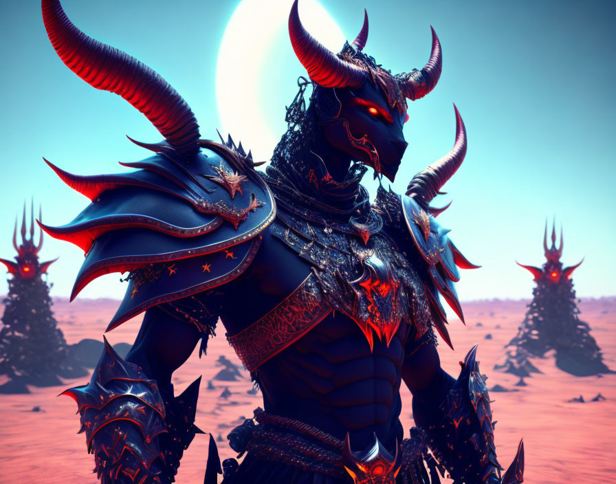 Fantasy creature in black and red armor with twisted horns in desert moonlight