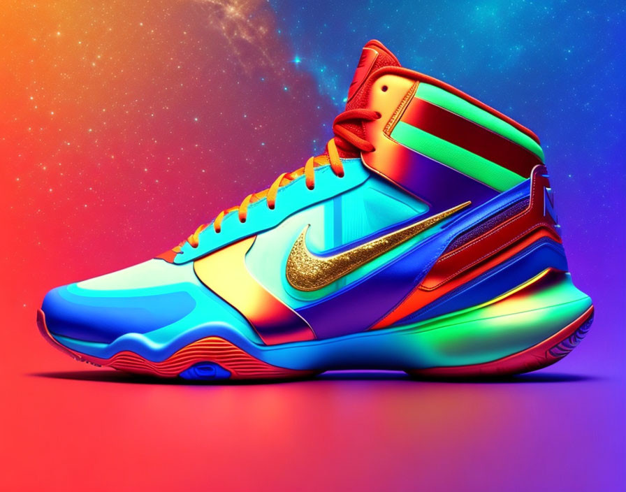 Multicolored Sneaker with Swoosh Logo on Red and Blue Gradient Background