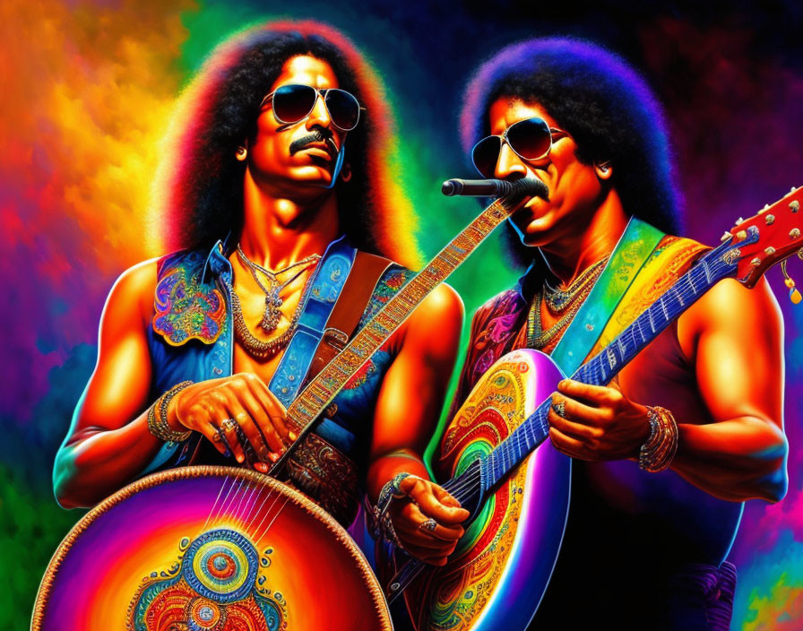 Two male characters in 70s attire with afros, one with a guitar and the other with