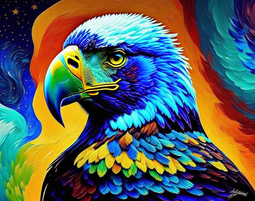 Colorful Digital Art: Eagle in Bright Blues, Oranges, and Yellows