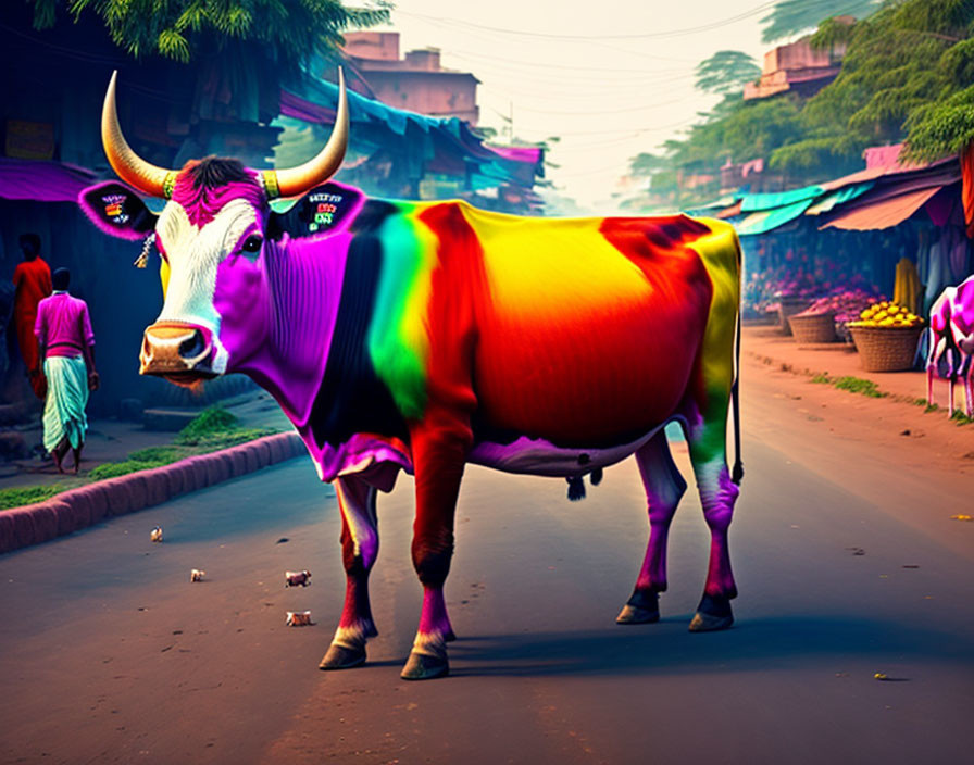 Colorful Rainbow Cow in Indian Market Setting with Shops and People