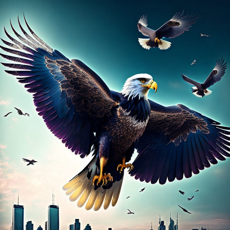 Majestic bald eagle soaring against dramatic sky with city skyline below