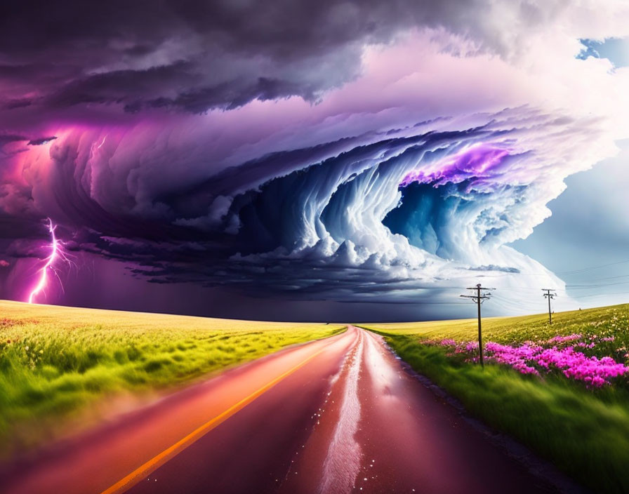 Scenic road under dramatic thunderstorm with lightning