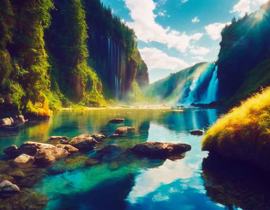 Tranquil river with waterfalls and lush cliffs under sunny sky