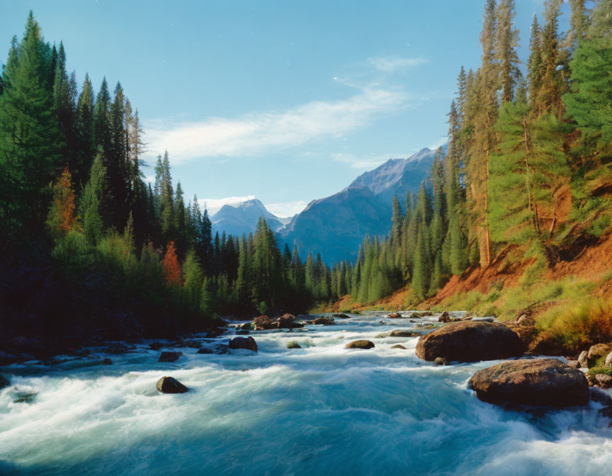 Serene mountain river in vibrant forest with snowy peaks