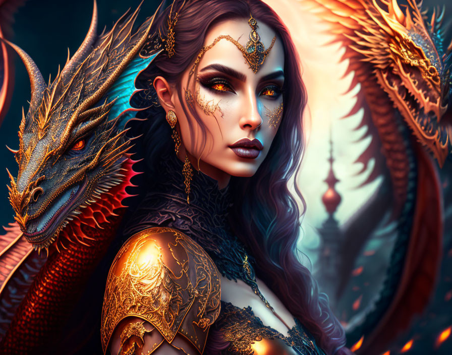 Fantasy illustration: Woman in gold armor with red dragon in mystical scene