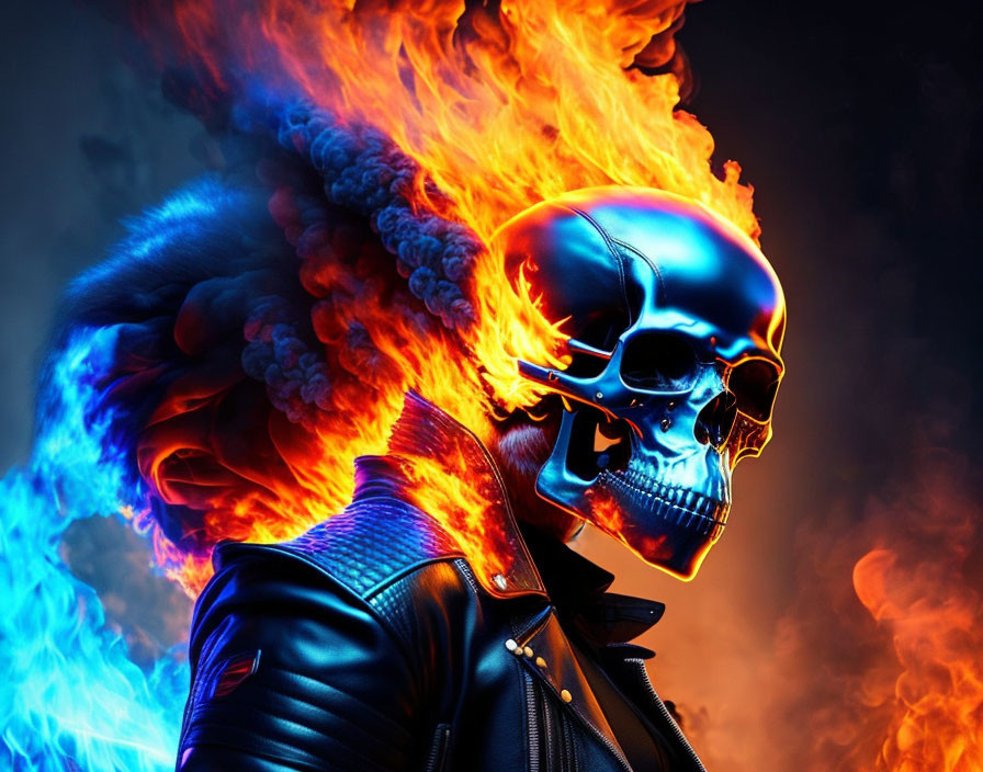 Colorful digital artwork: Skull with flames and smoke on fiery background