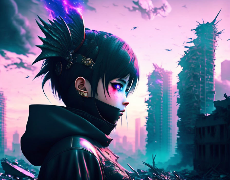 Cyberpunk animated character gazes over dystopian cityscape at sunset