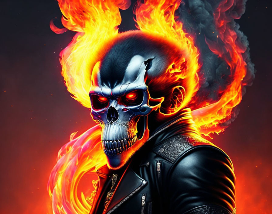 Skull engulfed in flames on red and orange backdrop