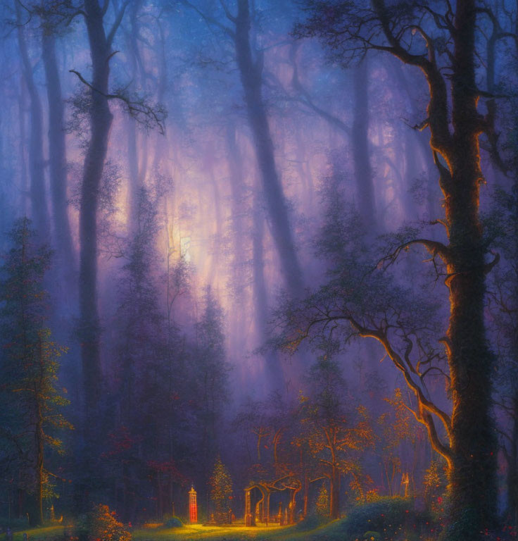 Enchanting forest with tall trees, bluish-purple haze, sunlight, and glowing lights