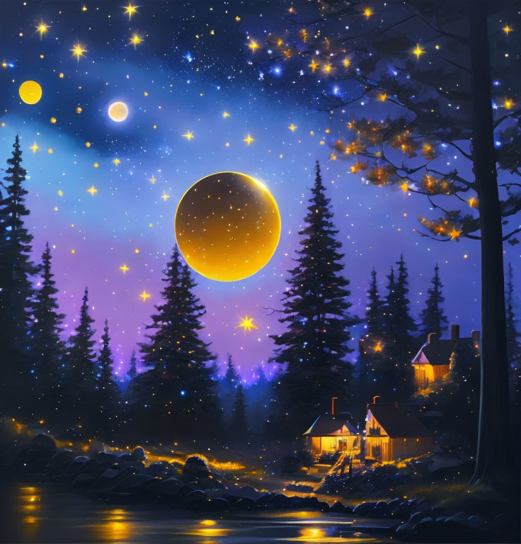 Tranquil night landscape with moon, stars, forest, cabin, and river