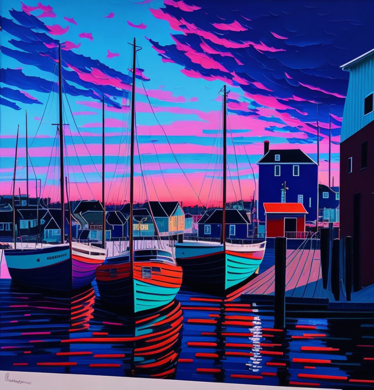 Colorful painting of boats at dock under pink and blue sunset sky