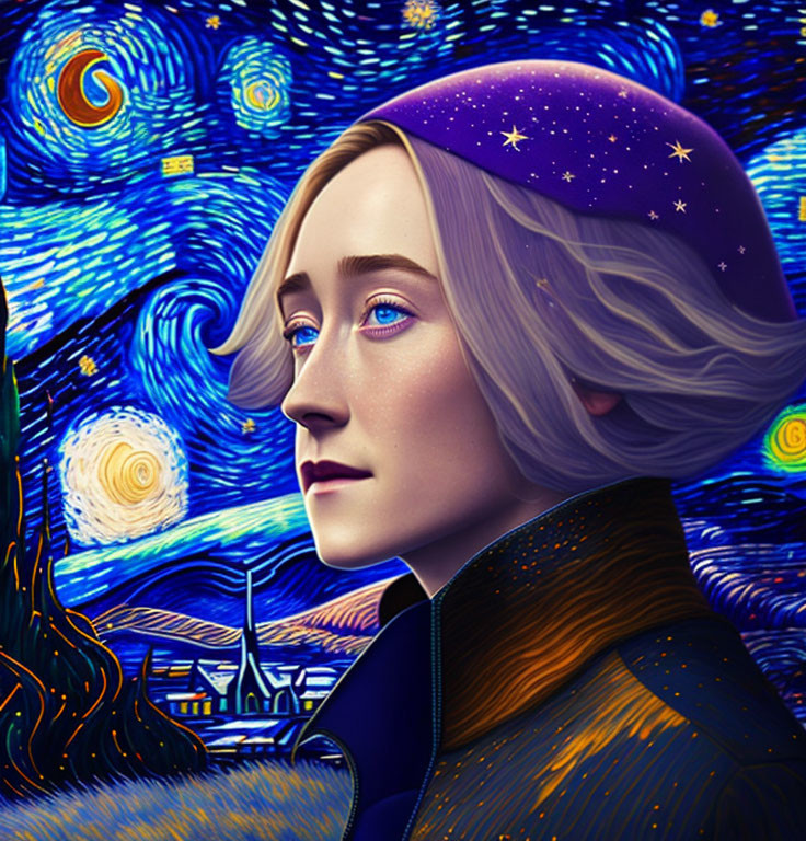 Person with Starry Night Sky Hair in Van Gogh-inspired Background