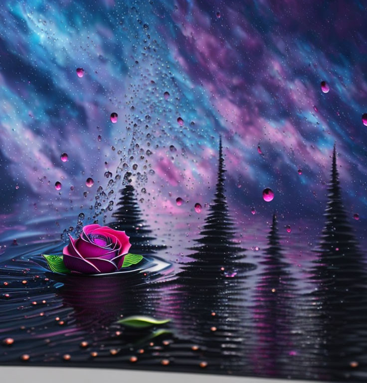 Pink and Purple Rose Floating on Water with Droplets and Pine Trees Background