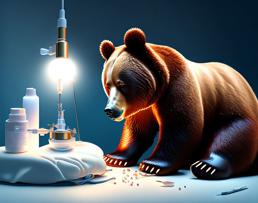 Bear studying pharmaceuticals with syringe, pills, and spoon on table