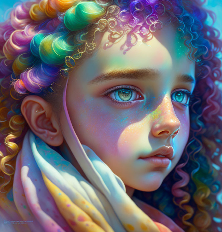 Vibrant child portrait with rainbow hair and blue eyes