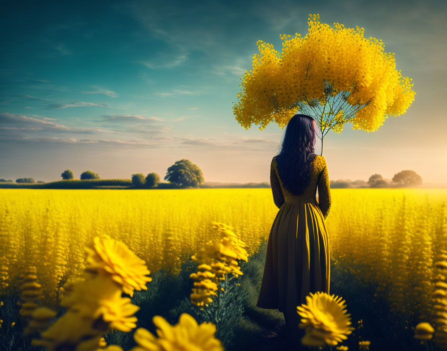 Person with Yellow Tree Hair in Field of Yellow Flowers at Sunset