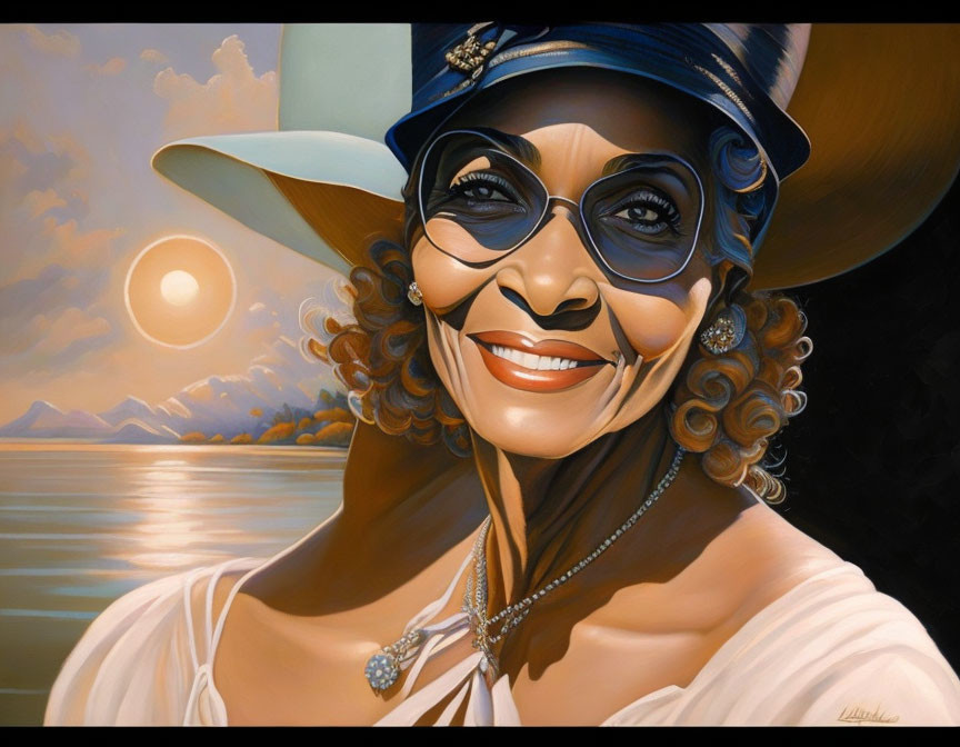 Smiling woman with glasses and hat by sunset and water