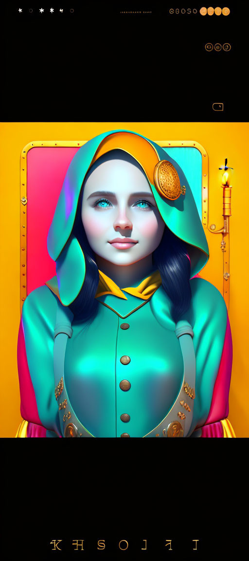 Colorful digital artwork: Woman with blue hair in futuristic interface