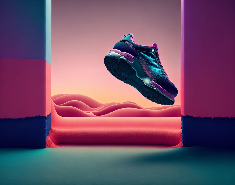 Iridescent floating sneaker on surreal pink and purple backdrop