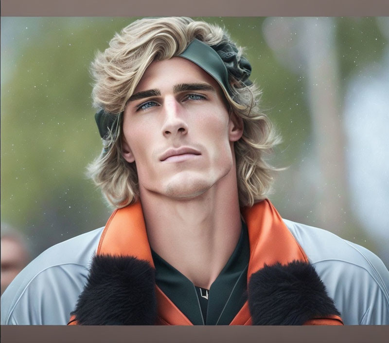 Digital artwork: Man with blonde hair, headband, orange jacket, blue eyes