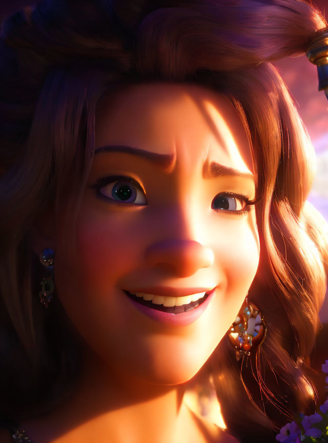 Smiling animated female character with brown hair and earrings