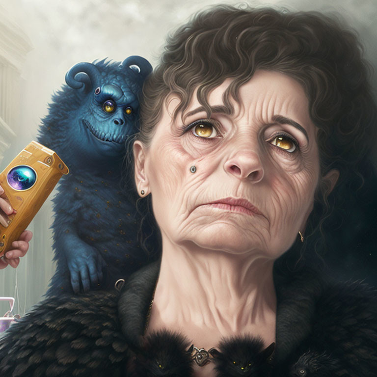 Elderly woman holding device with surprised expression and blue furry creature