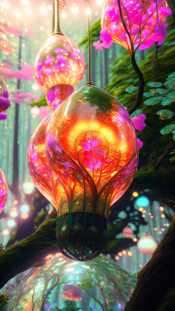 Glowing ornate bulbs among vibrant, flora-covered branches in an ethereal forest.