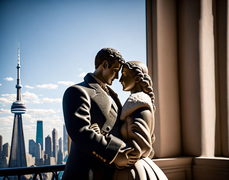 Stylized figurine of couple embracing on balcony with CN Tower and Toronto skyline.