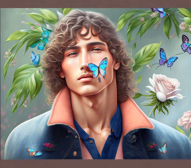 Man with Curly Hair and Butterfly on Nose Surrounded by Flowers and Butterflies