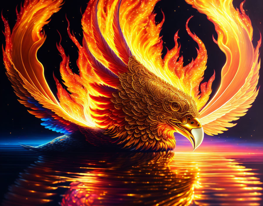 Majestic Phoenix Digital Art: Fiery Wings Reflecting on Tranquil Water