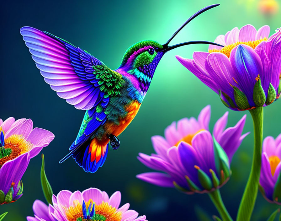 Colorful hummingbird near purple flowers on greenish-blue backdrop