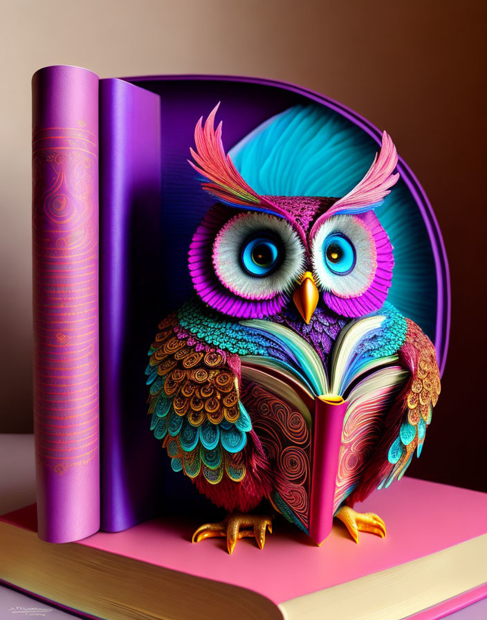 Colorful Owl Illustration Reading Book with Vibrant Plumage