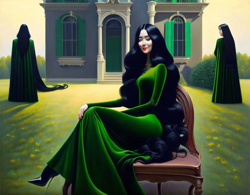 Woman in green dress seated outdoors with figures in black cloaks.