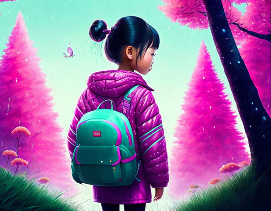 Young girl with bun and purple backpack in magical pink tree forest with glowing butterflies