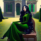 Woman in green dress seated outdoors with figures in black cloaks.