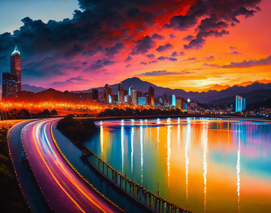 City skyline at sunset with orange and purple clouds reflecting in river.