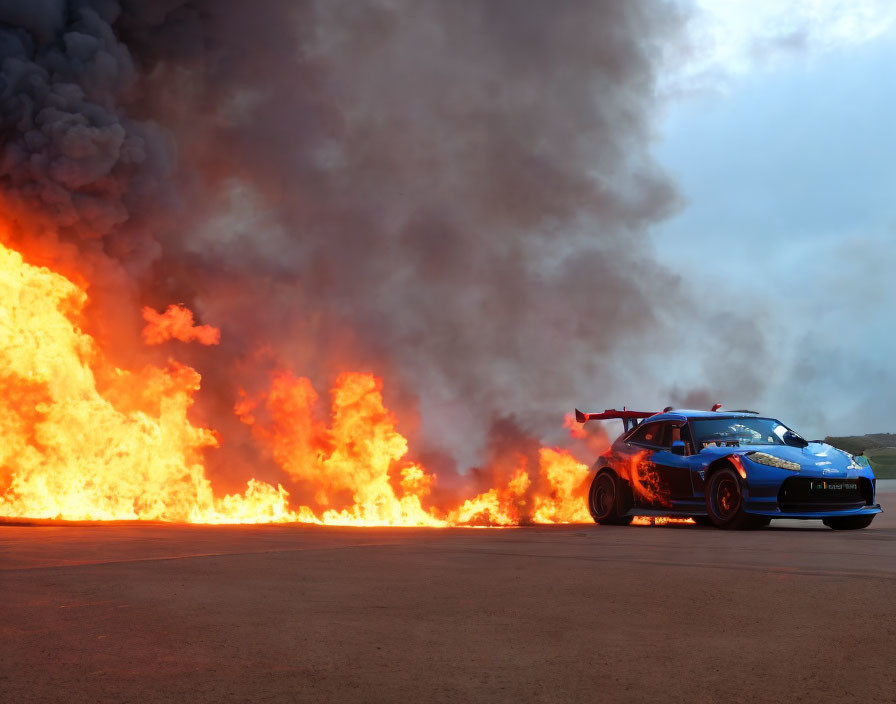 Blue sports car racing past massive fire on track with thick black smoke.