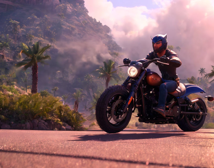 Person in blue and black suit riding motorcycle on sunlit road with palm trees and mountains