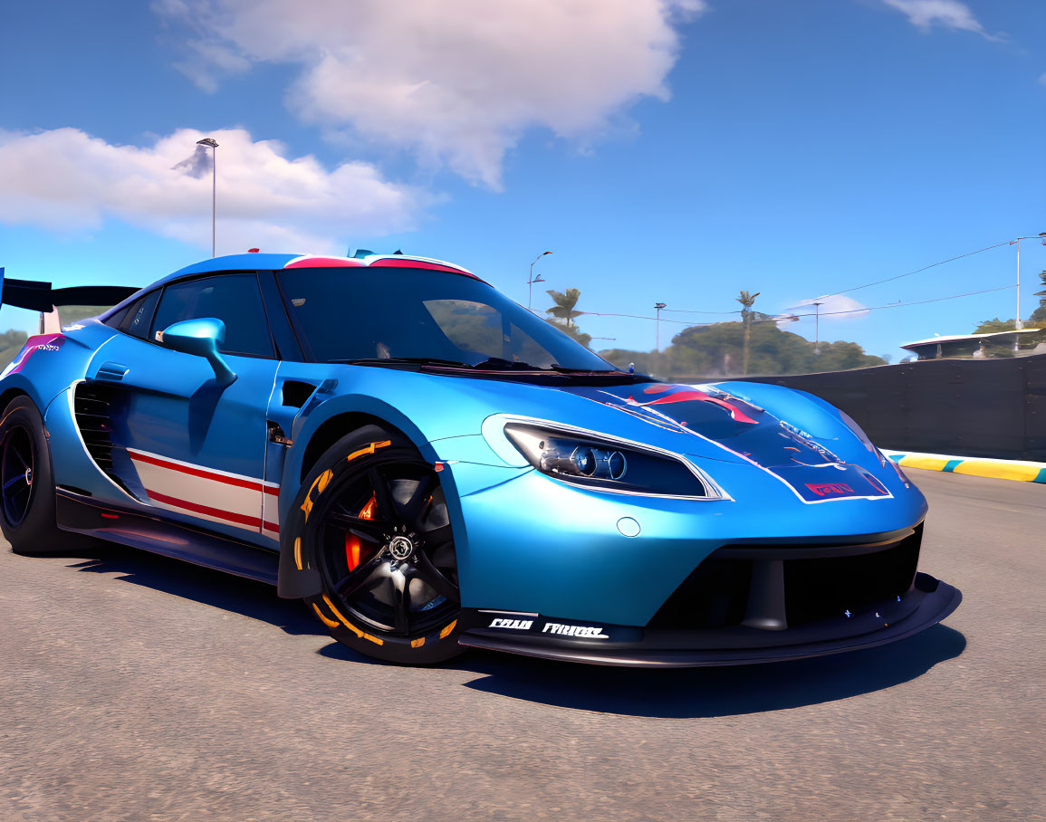 Blue Sports Car with Race Decals and Custom Body Kit on Asphalt Track