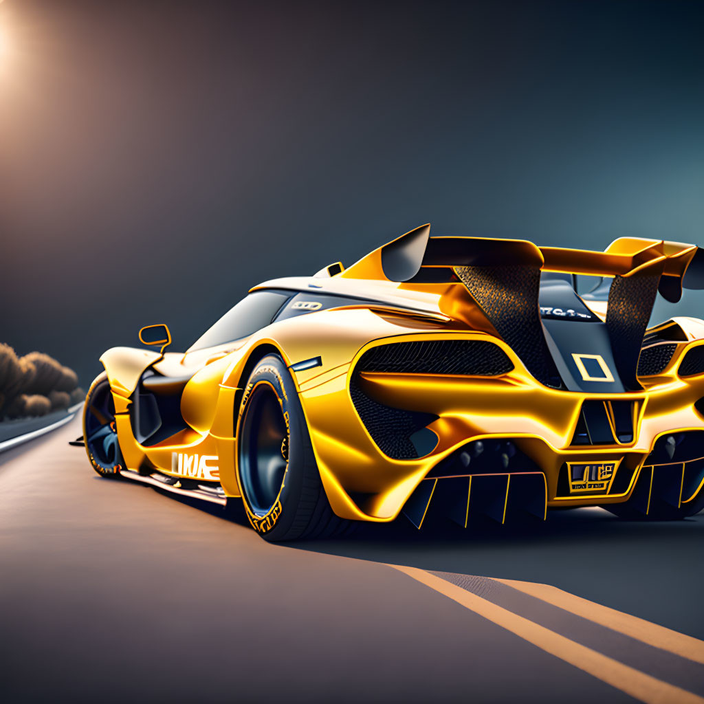 Golden-Yellow Sports Car with Rear Wing Drives at Dusk